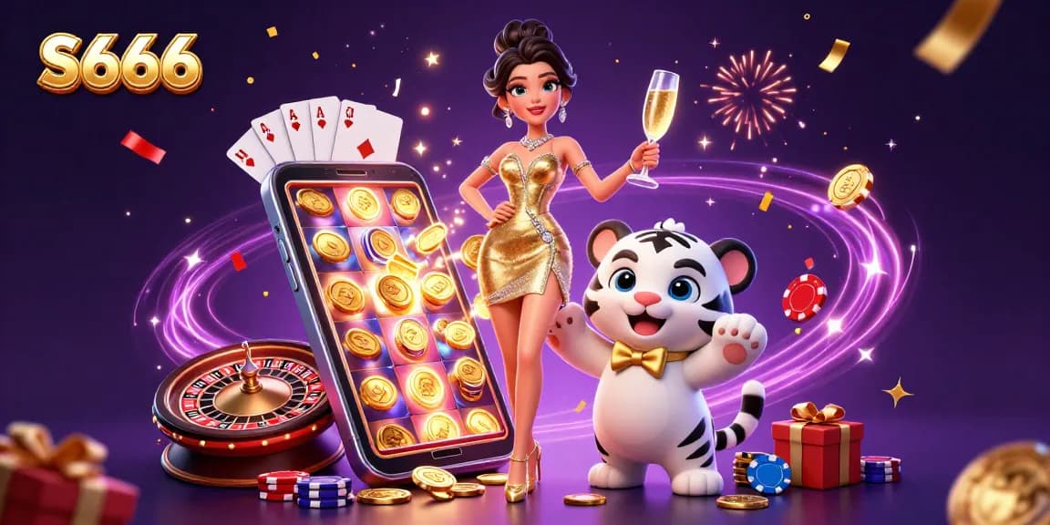 S666 showcases thrilling casino excitement with a glamorous lady and a lucky tiger cub amidst vibrant gaming elements.