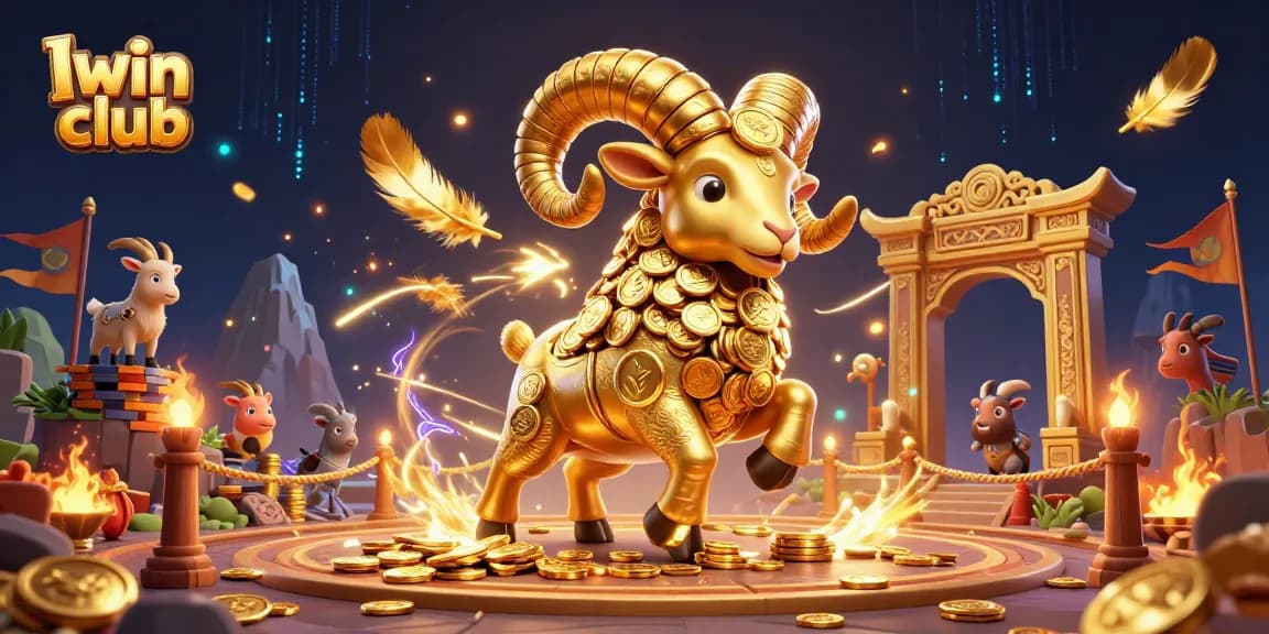 Iwin club's golden ram charges through a vibrant casino landscape amidst dynamic gaming elements.