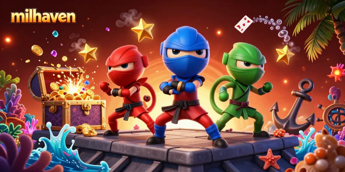Milhaven showcases the thrilling world of gaming with vibrant ninja chameleons and explosive treasures.