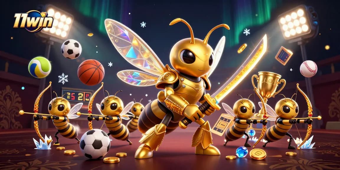 Engage with the excitement of sports betting at 11win, showcasing dynamic players, katanas, and golden trophies.