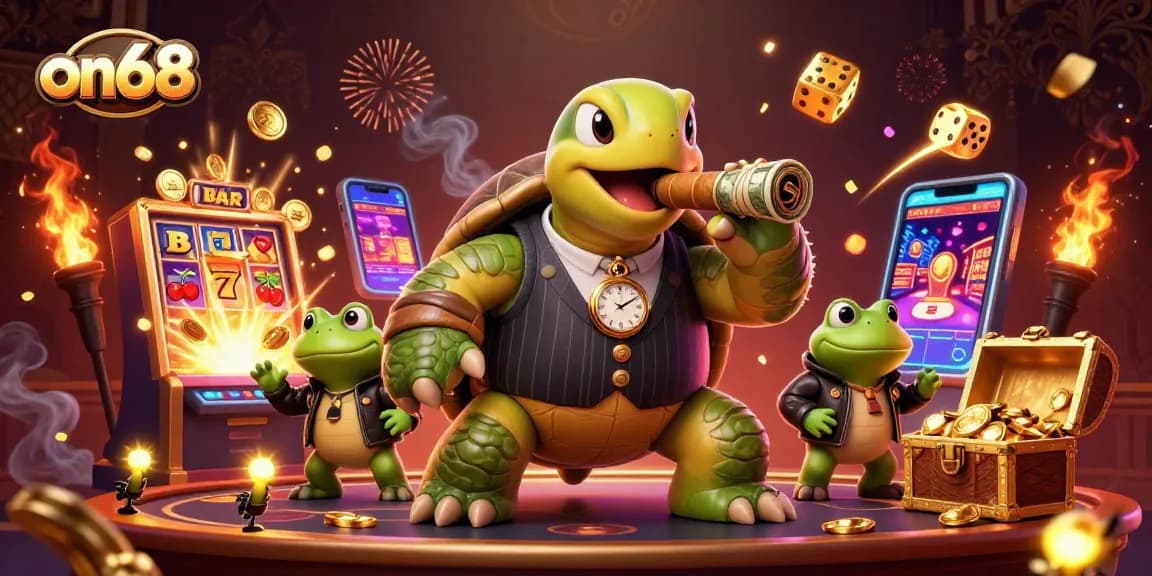 Spin the reels at on68 with a charismatic snapping turtle in a mobster suit surrounded by casino excitement.