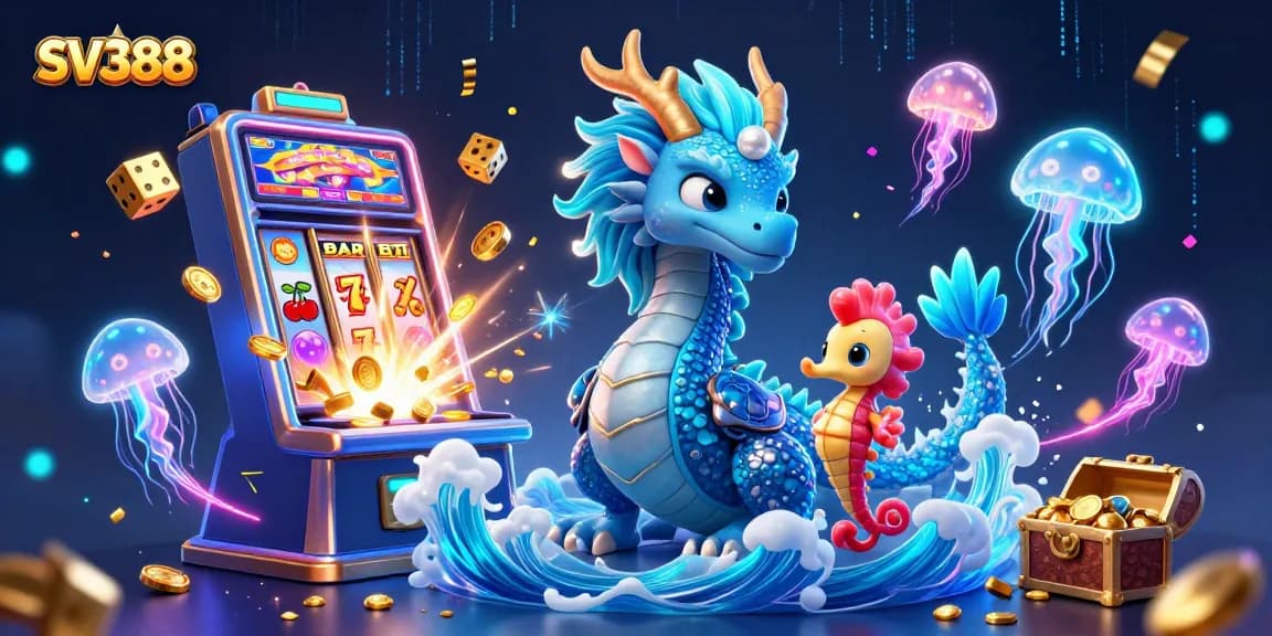 SV388 slot machine celebration with dragon, seahorse knight, and jellyfish