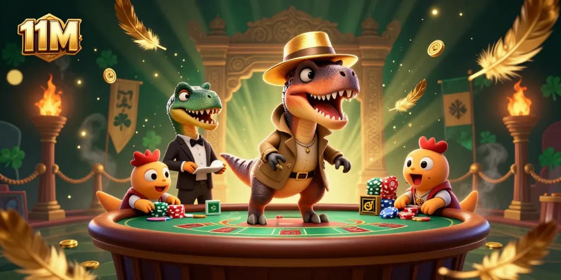 Experience thrilling action at the casino with 11M, featuring dynamic cartoon characters at a lively blackjack table.