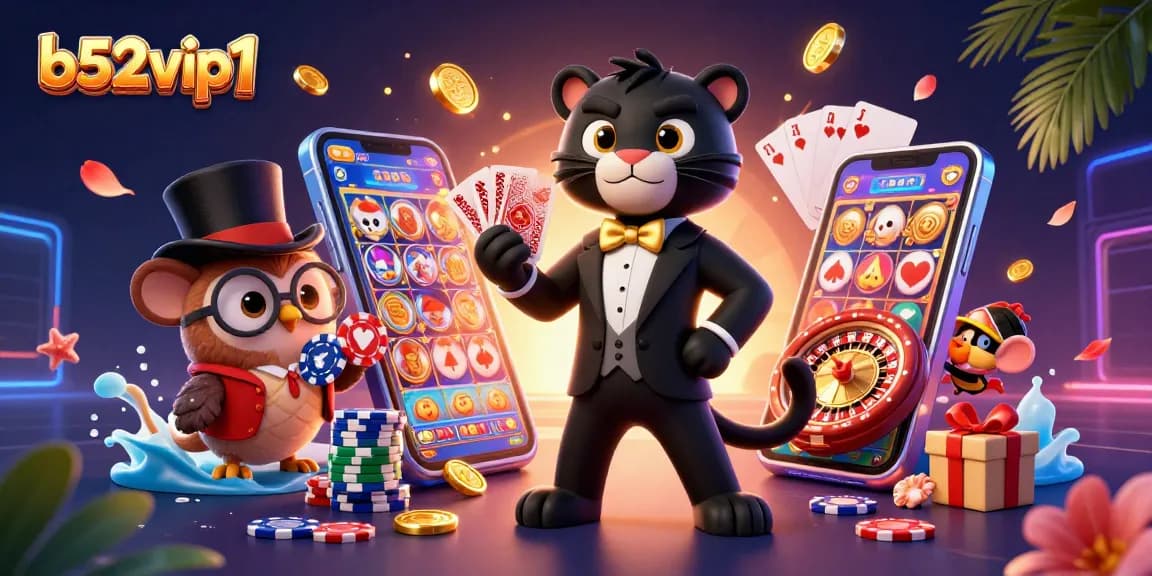 Engage with b52vip1's casino thrills through stylish characters and dynamic games illustration.