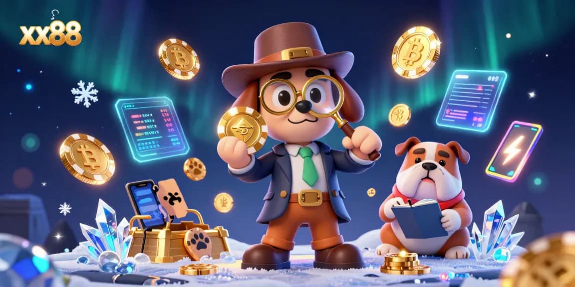 xx88 shows a cartoon detective uncovering poker clues amid cryptocurrencies in a vibrant casino scene