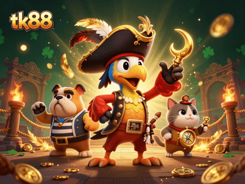 Win big with tk88 as a pirate captain leads a vibrant casino adventure with friends.