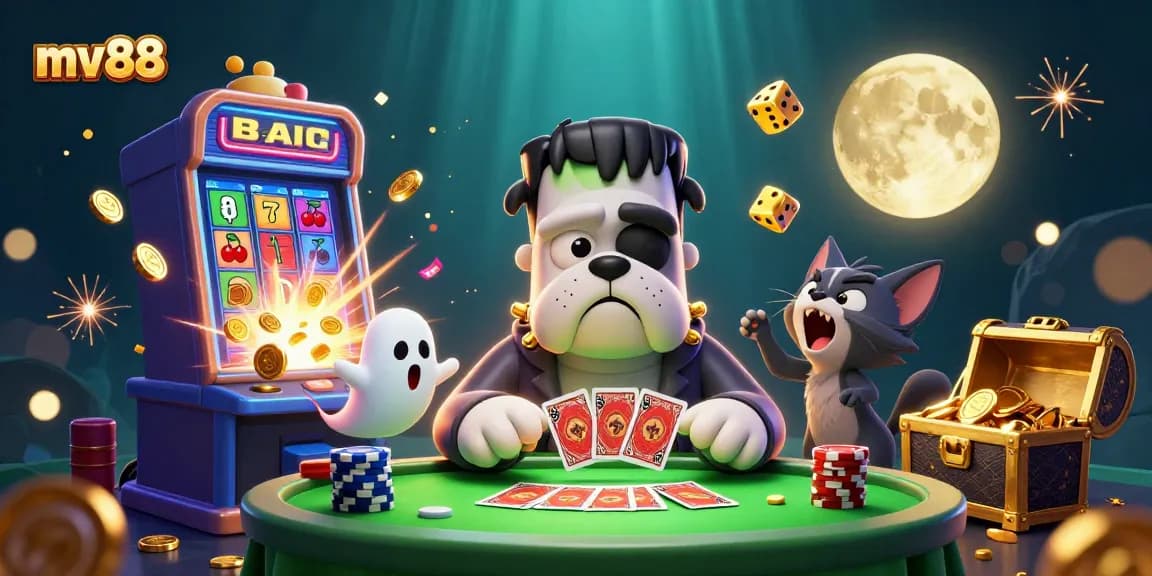 Engage in the thrilling world of mv88 with a cartoon bulldog dealer amidst a colorful casino scene.