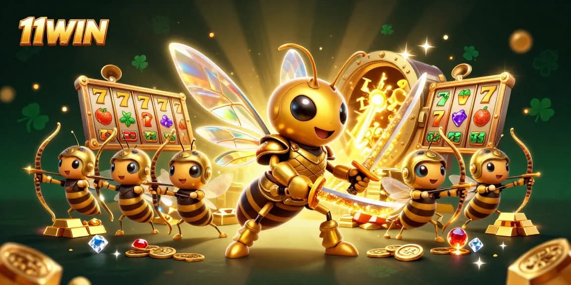 Experience thrilling slots magic with 11WIN, as golden treasures and lucky symbols surround heroic characters!