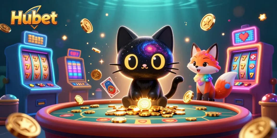 Hubet engages in cosmic gameplay, spinning slot reels with vibrant visuals and floating gold coins.