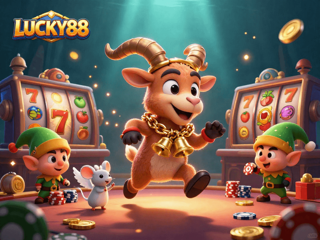 Play LUCKY88 slots with thrilling action featuring characters in a vibrant casino scene.