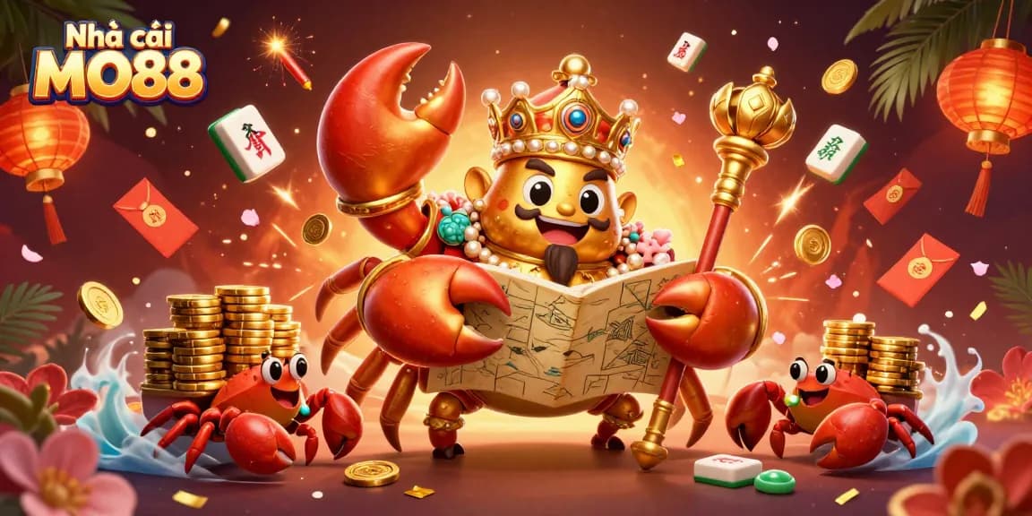 Experience thrilling wins at Nhà cái MO88 with a vibrant 3D casino illustration of a regal crab emperor.