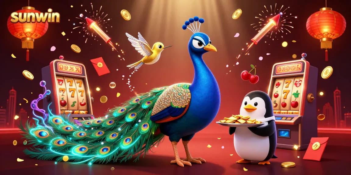 Sunwin casino image featuring colorful slot machines and characters in a vibrant scene.