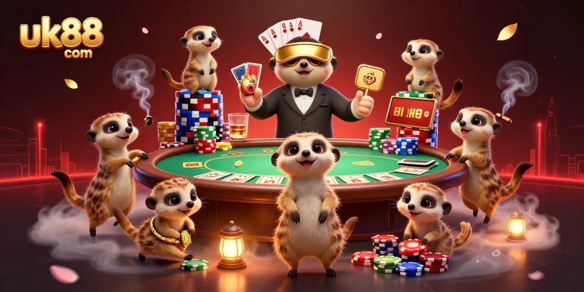 Experience the excitement at uk88 com with a dynamic meerkat casino scene featuring poker and vibrant details.