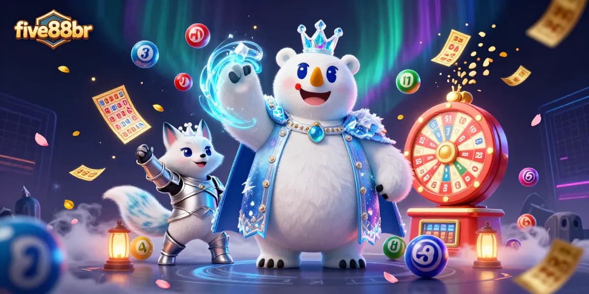 five88br captures the excitement of winning with a 3D polar bear and snow fox surrounded by vibrant lottery elements.
