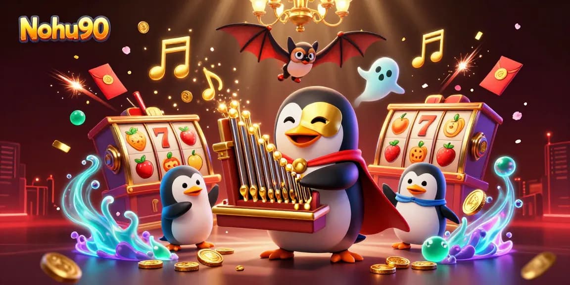 Nohu90 showcases an exciting casino experience with a whimsical penguin and dynamic golden gaming elements.