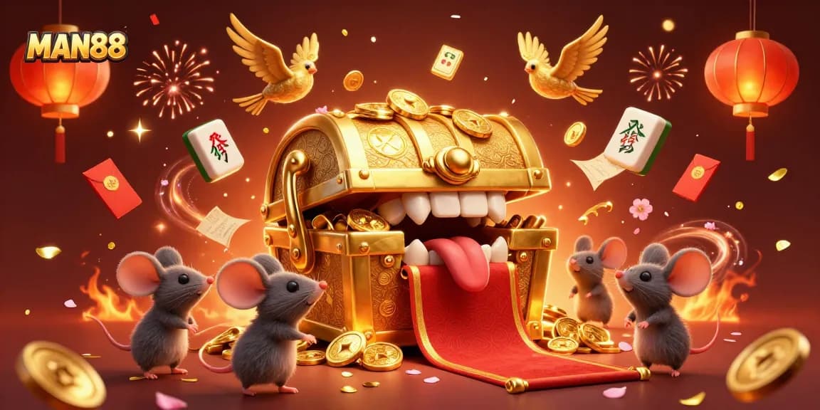 Engage with MAN88's thrilling casino experience through a golden treasure chest illustration, showcasing vibrant game elements.