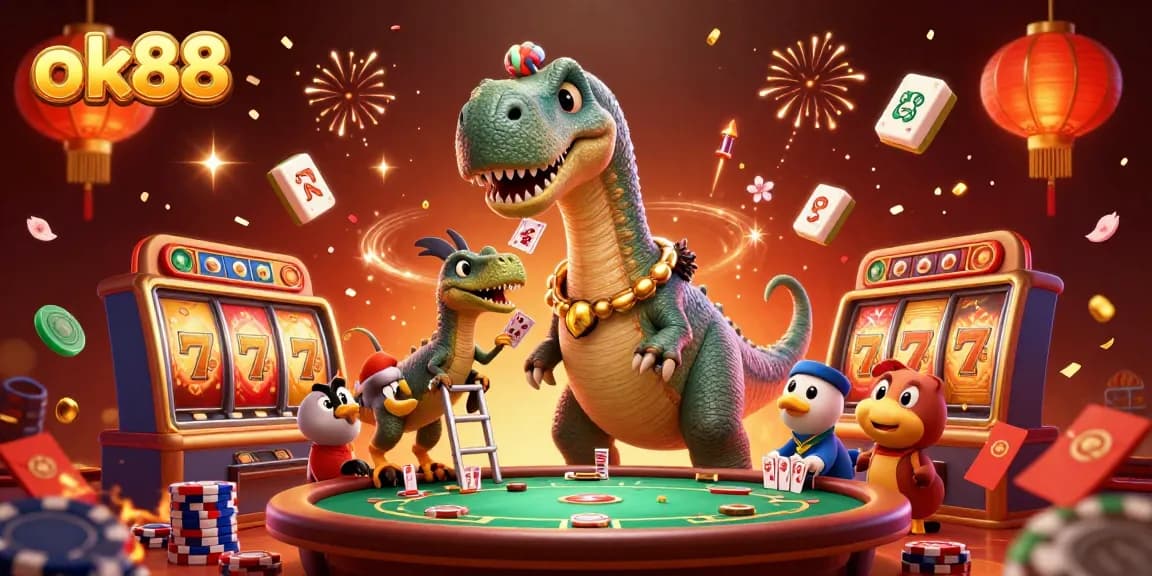 Experience the thrill of casino fun with ok88 in this vibrant 3D illustration featuring a dinosaur and raptor.