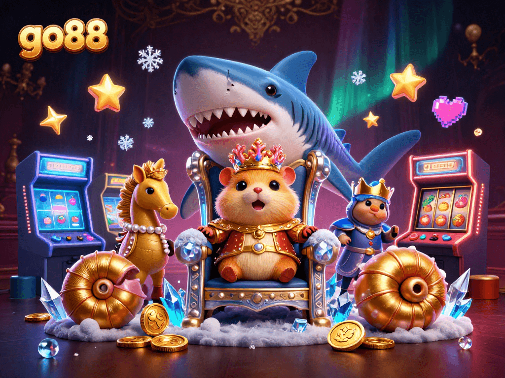 Spin the reels with go88's vibrant casino illustration featuring a golden hamster king and dazzling elements.