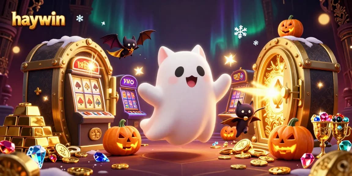 Engage with haywin's dynamic casino atmosphere featuring ghost cat and vampire bat with glowing jackpots.
