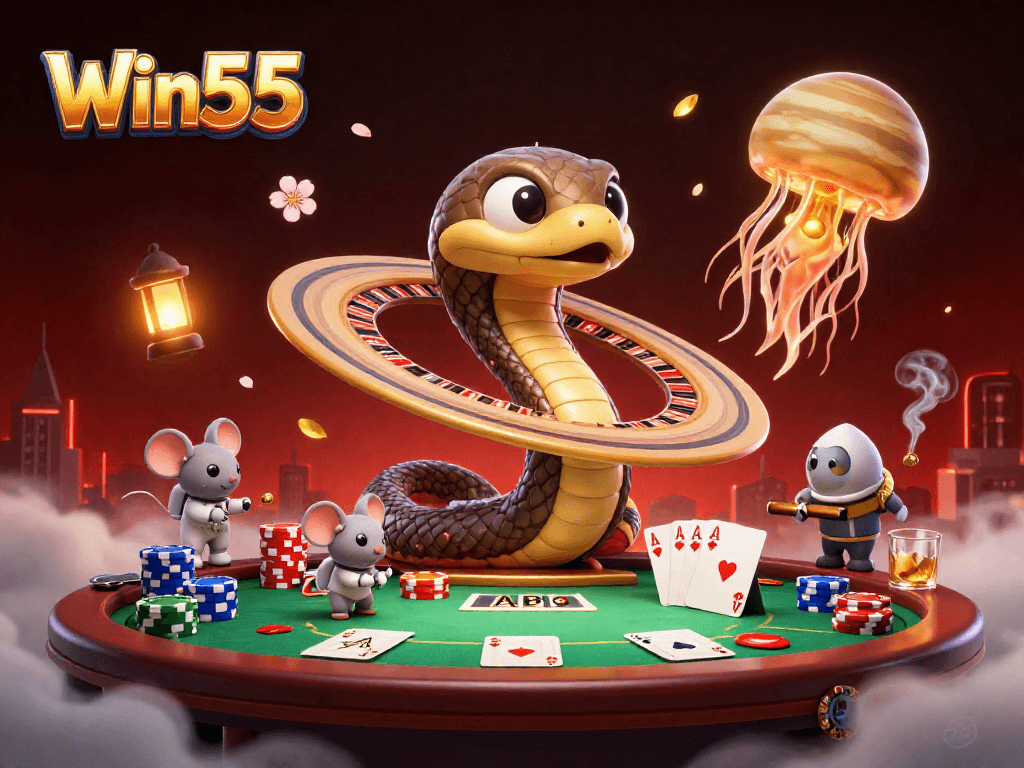 Experience the thrill of gaming with Win55 in a vibrant 3D casino scene featuring animated characters and rich details.