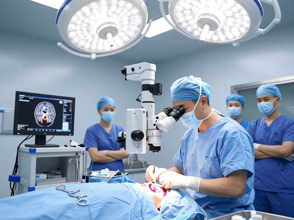 Brain tumor surgery specialist performing a complex procedure in a modern surgical room.