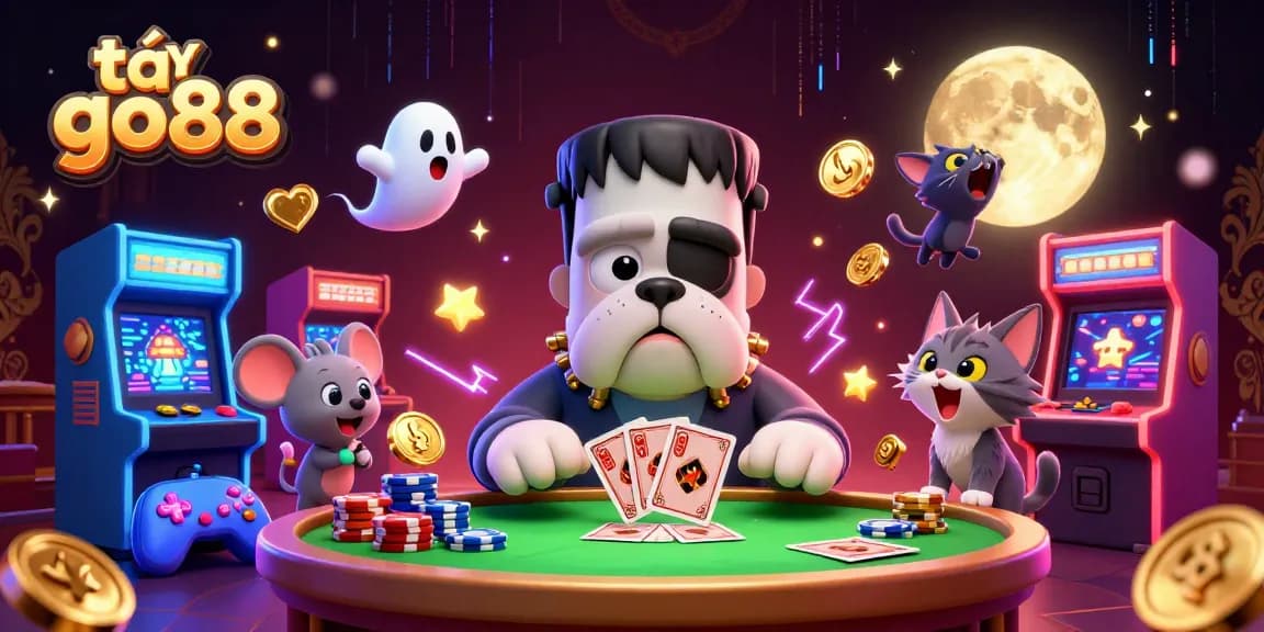 Experience the thrill of downloading tải go88 with an exciting 3D illustration of a Frankenstein bulldog dealing cards.