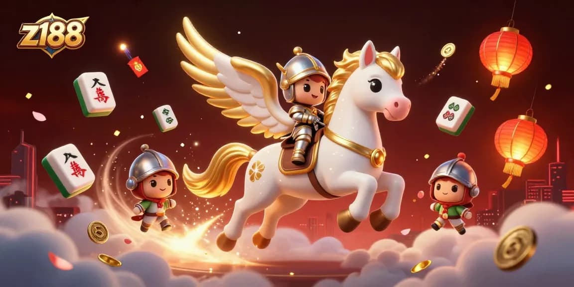 Z188 players experience thrilling action with a celestial horse in a vibrant casino scene featuring fireworks and lucky symbols.