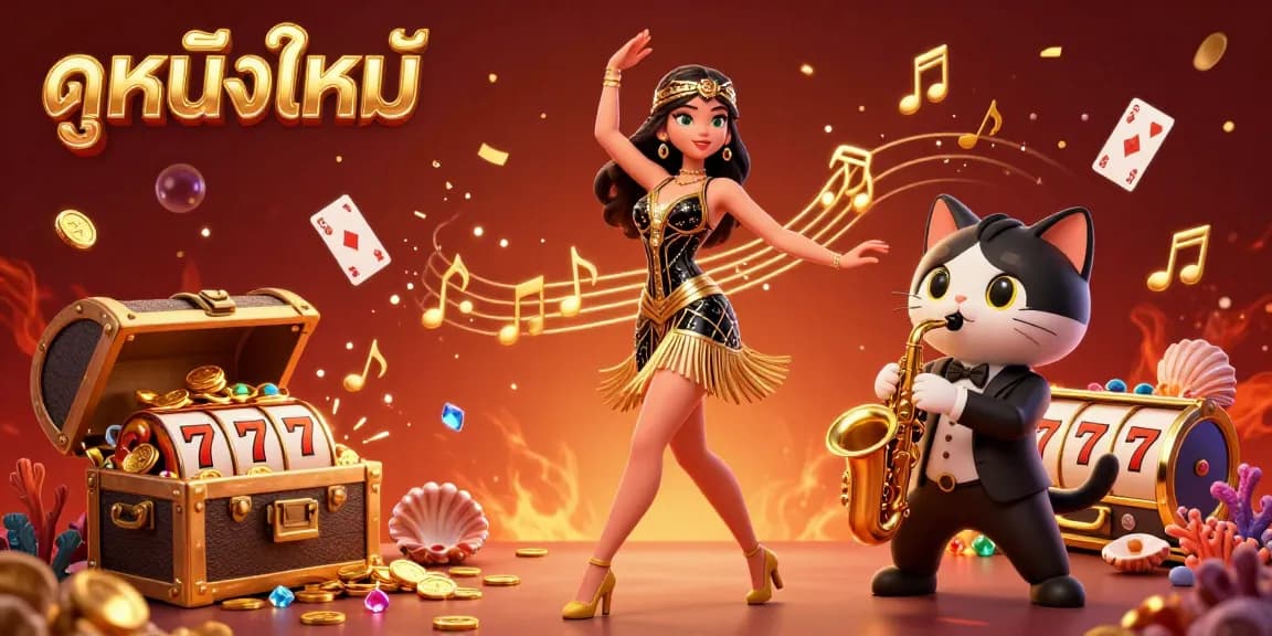 Experience ดูหนังใหม่ in a vibrant scene with a stunning dancer and lively casino elements celebrating together.