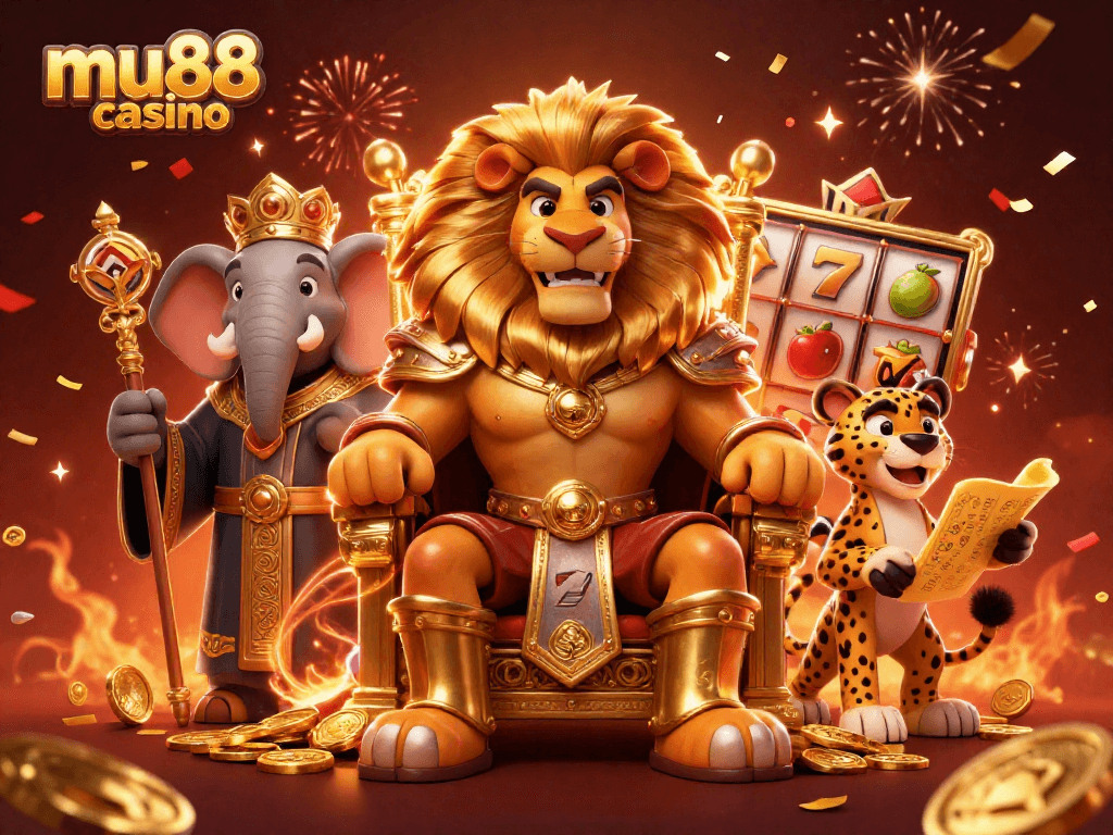 Experience the excitement at mu88 casino with a regal lion king, elephant advisor, and speedy cheetah