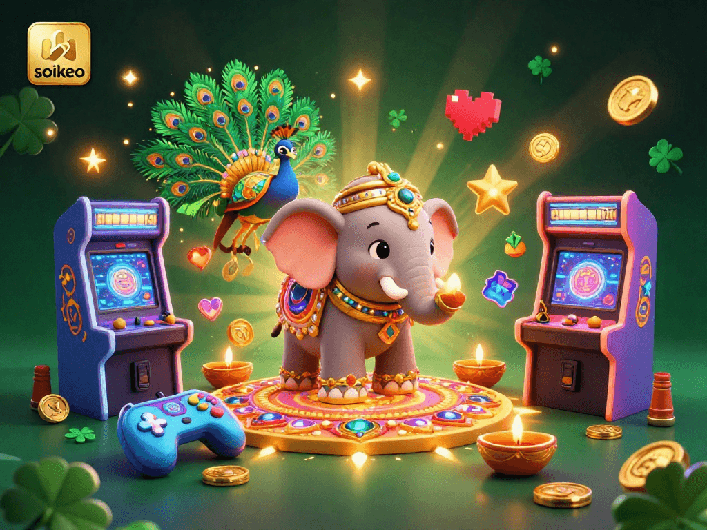 Experience soikeo's vibrant gaming atmosphere while engaging with colorful characters and arcade elements in a dynamic illustration.