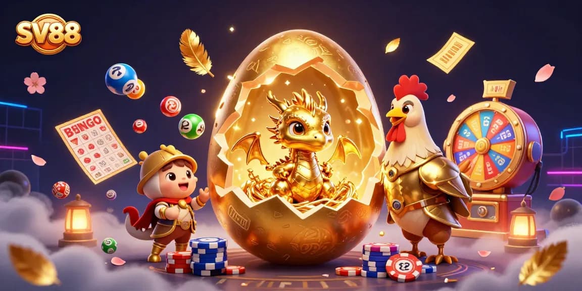 SV88's vibrant golden dragon emerges from an egg surrounded by dynamic casino elements.