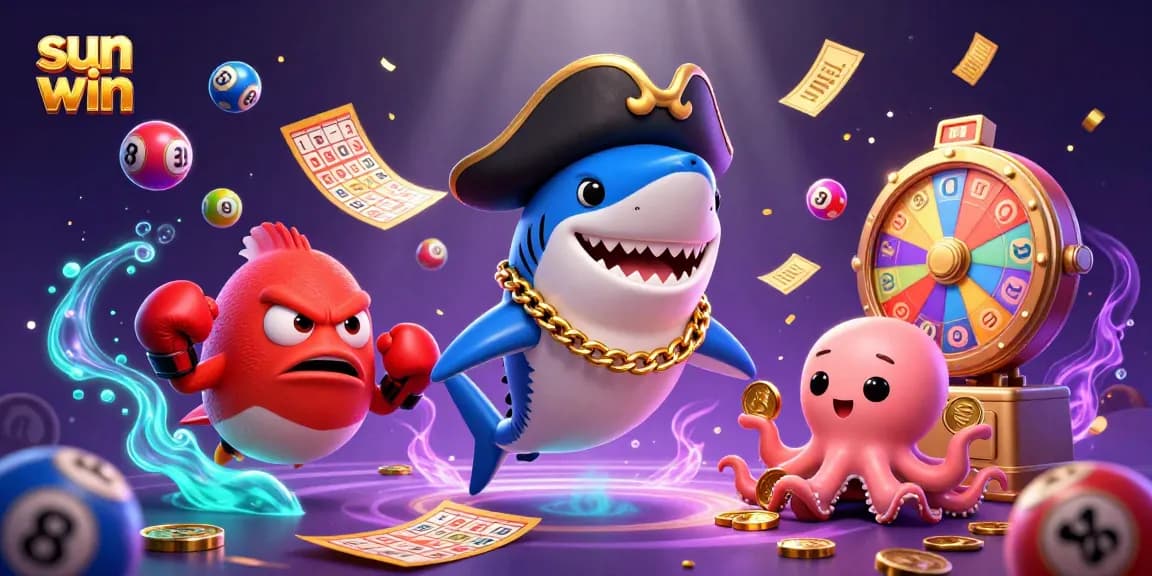 Engage with sun win's vibrant casino scene featuring a shark, pufferfish, and octopus amidst lucky game elements.