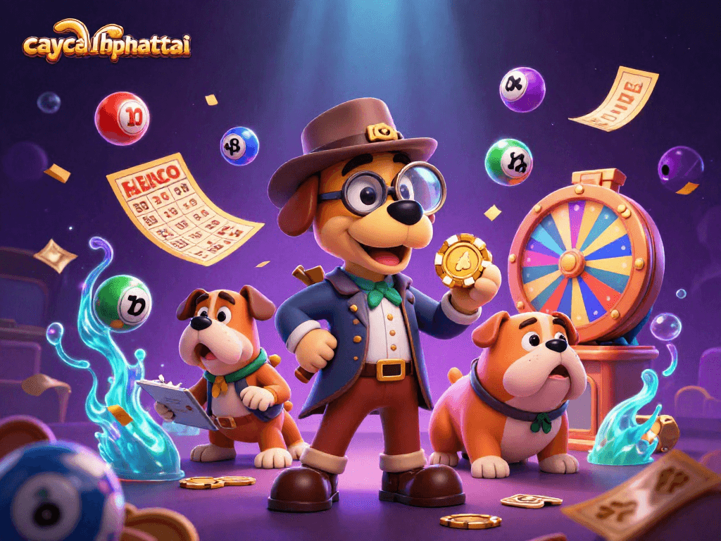 Experience the excitement of caycanhphattai with cartoon characters exploring clues and treasure in a vibrant casino atmosphere.
