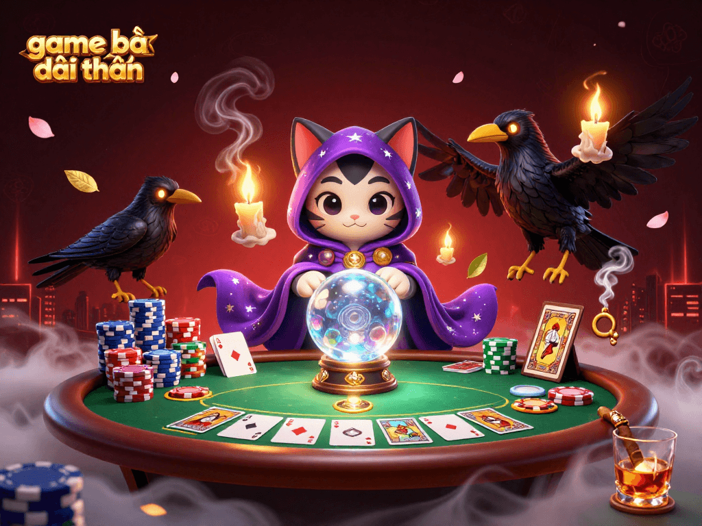 Engaging scene of game bài đổi thưởng with mystical characters and vibrant casino elements.