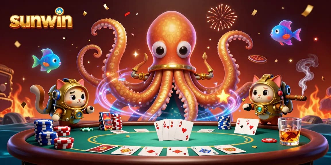 Experience thrilling gameplay with Sunwin as the kraken guards the poker chips and cards in this vibrant casino scene.
