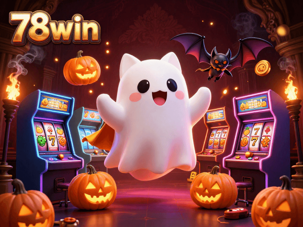 Engage with exciting gaming at 78win, illustrated with a haunted casino scene featuring vibrant characters.