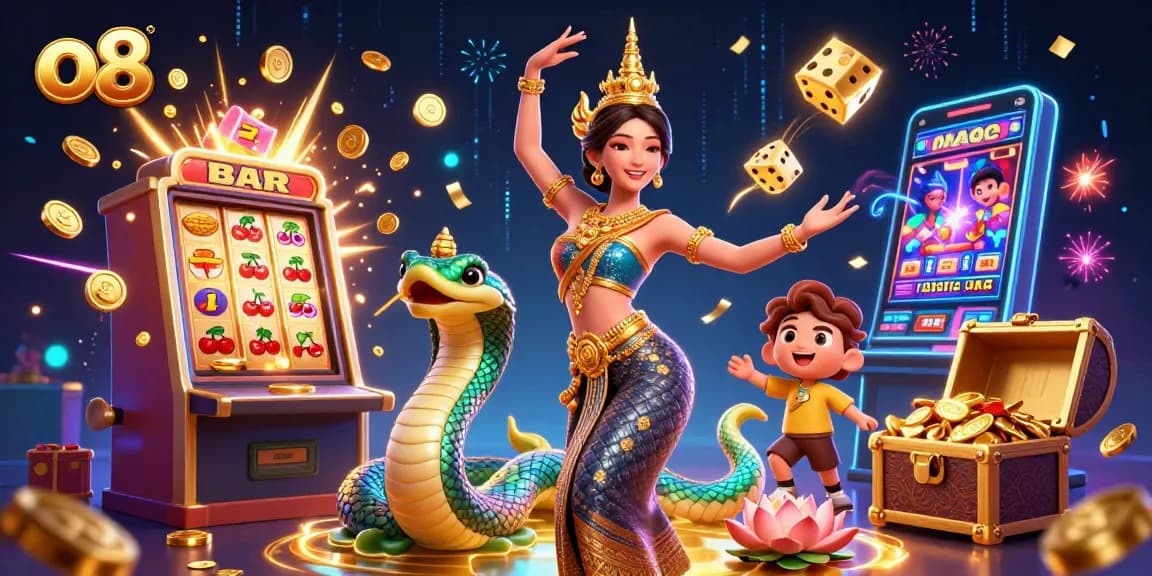 Experience jackpot thrills at O8 with vibrant illustrations of game-rich scenes and winning moments.