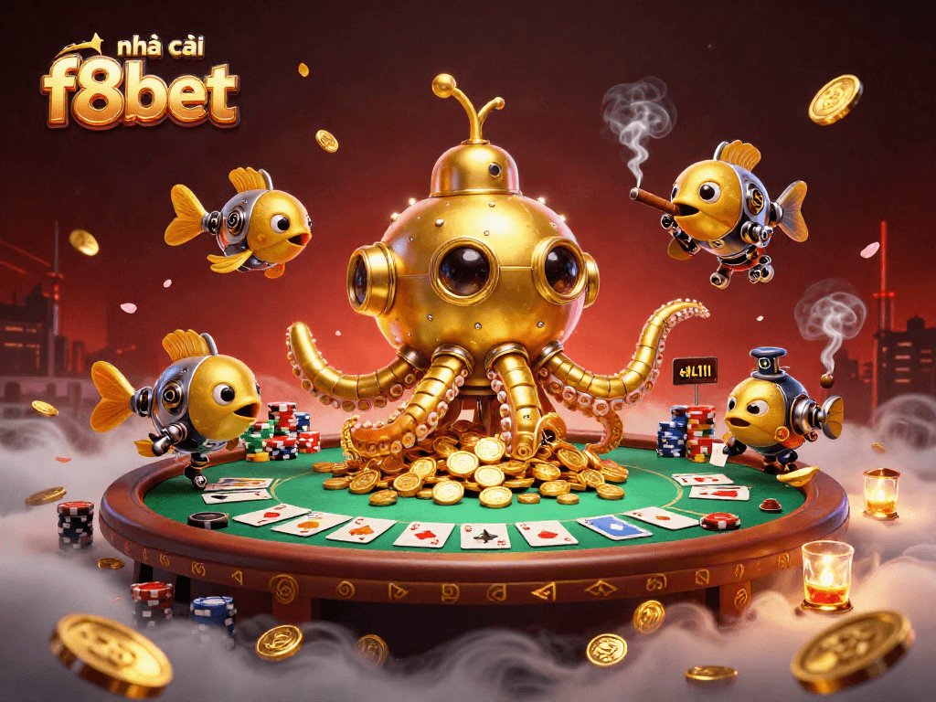 Enjoy gaming at nhà cái f8bet with a vibrant scene of a golden kraken submarine amidst poker excitement.