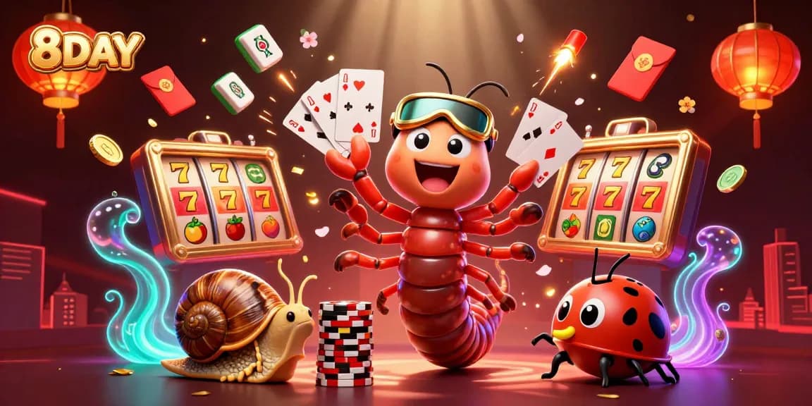 8DAY players win big at an exciting casino scene with a cartoon millipede dealer.