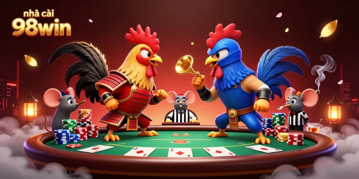Engage with the thrilling showdown of twin roosters representing nhà cái 98win in a vibrant casino atmosphere.