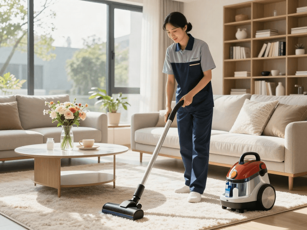 Spotless living room with professional cleaner using slot 10k vacuum, showcasing a bright and inviting atmosphere.