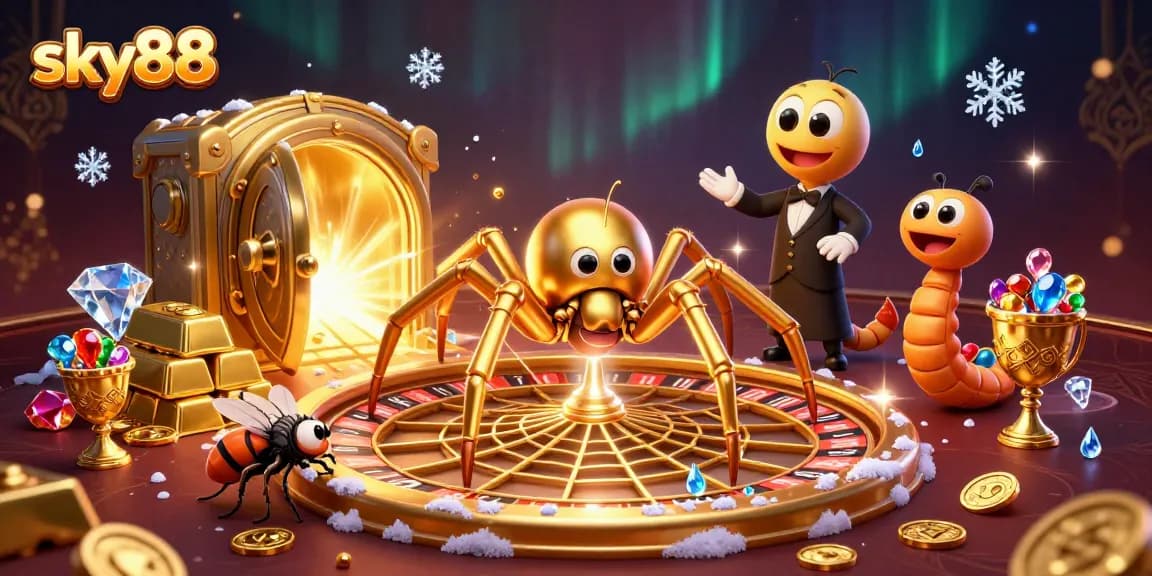Sky88 showcases a golden spider and centipede croupier in a vibrant casino scene.