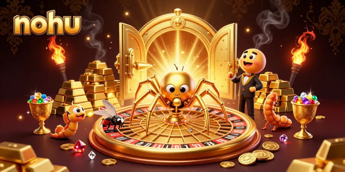 Experience nohu's thrilling bets with a golden spider croupier spinning a roulette wheel web.