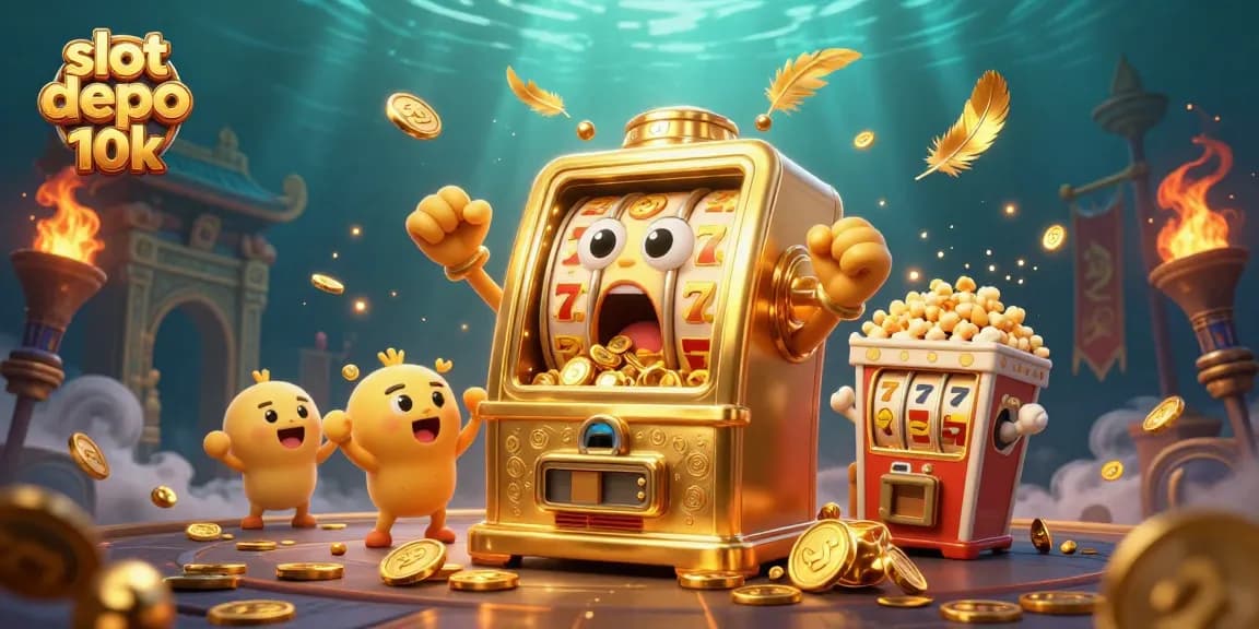 Hit the jackpot with slot depo 10k as golden coins cascade from a cheerful slot machine.
