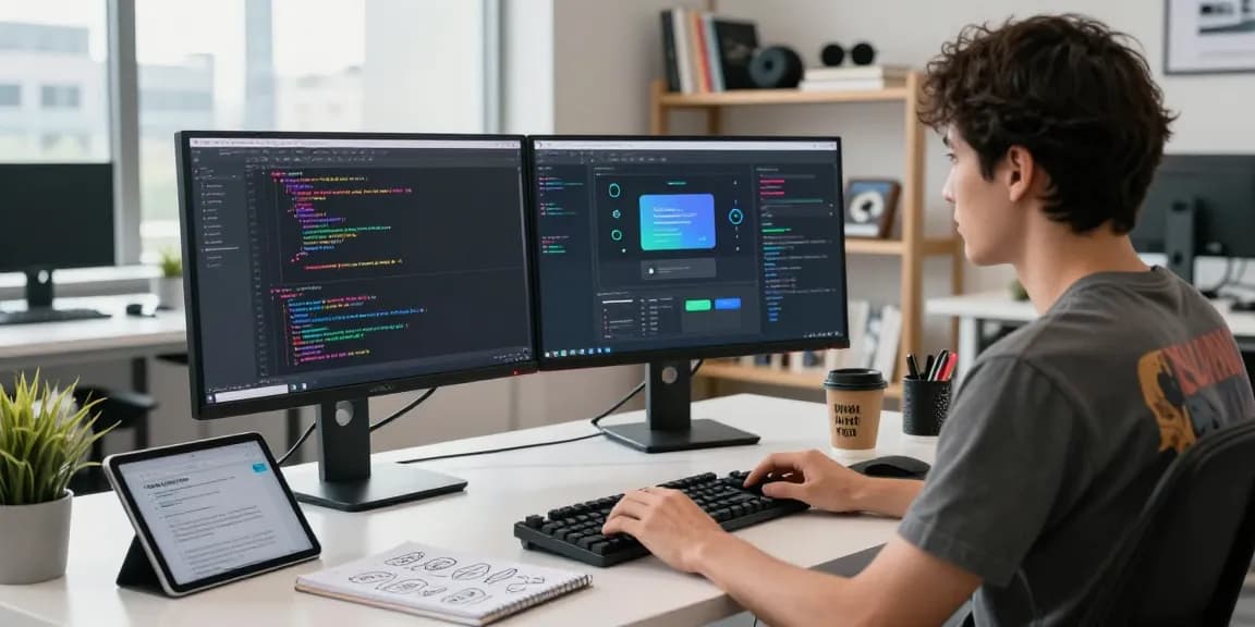 Professional developer utilizing an AI chatbot in a modern tech workspace with dual monitors and a vibrant coding setup.