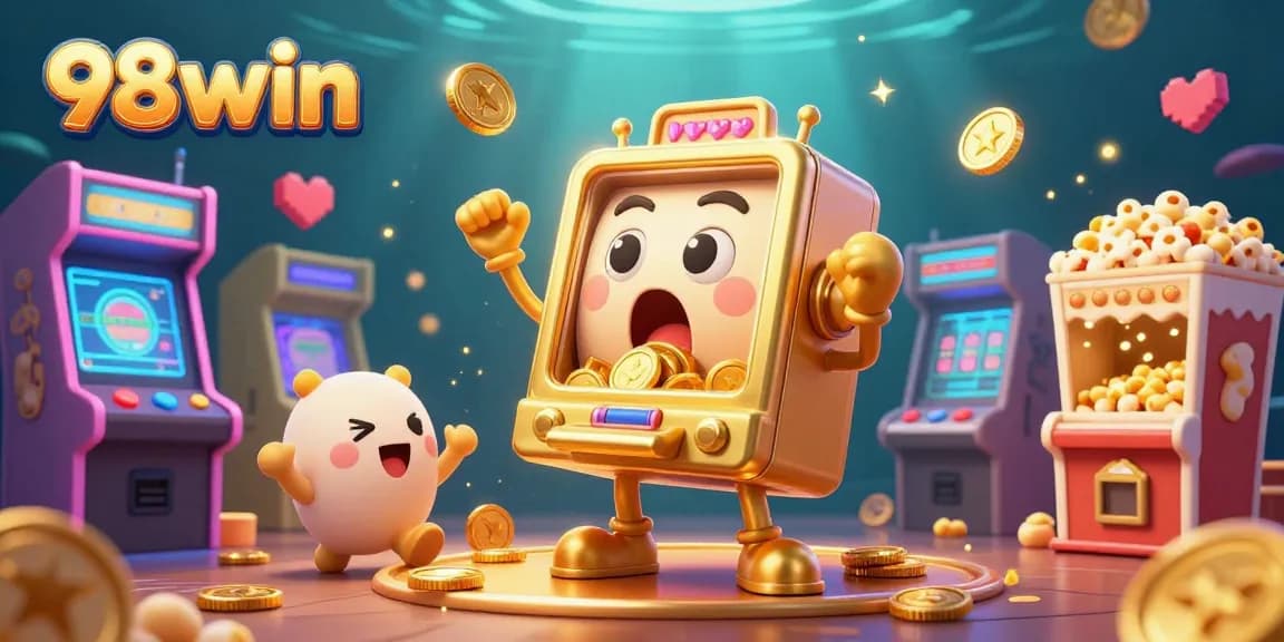 Celebrate wins at 98win with playful slot machines and vibrant gaming elements in a lively casino scene.
