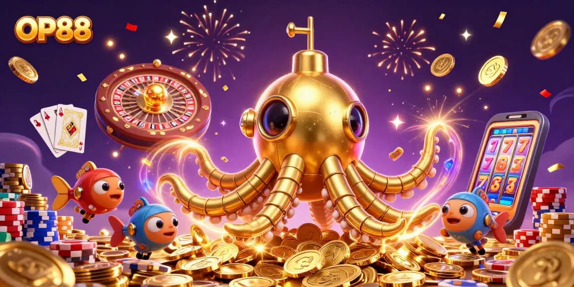 Experience thrilling wins at OP88 with a dynamic 3D illustration of a treasure-filled casino adventure.