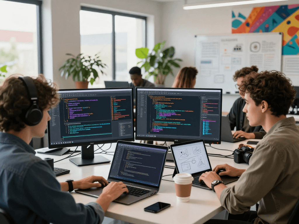 A diverse team brainstorming nsfw ai applications in a modern workspace filled with tech, coffee, and creative energy.