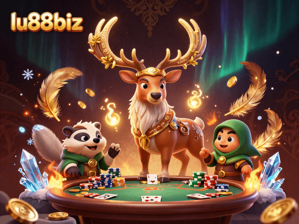 Betting strategies unfold with lu88biz at a vibrant casino scene featuring poker elements.