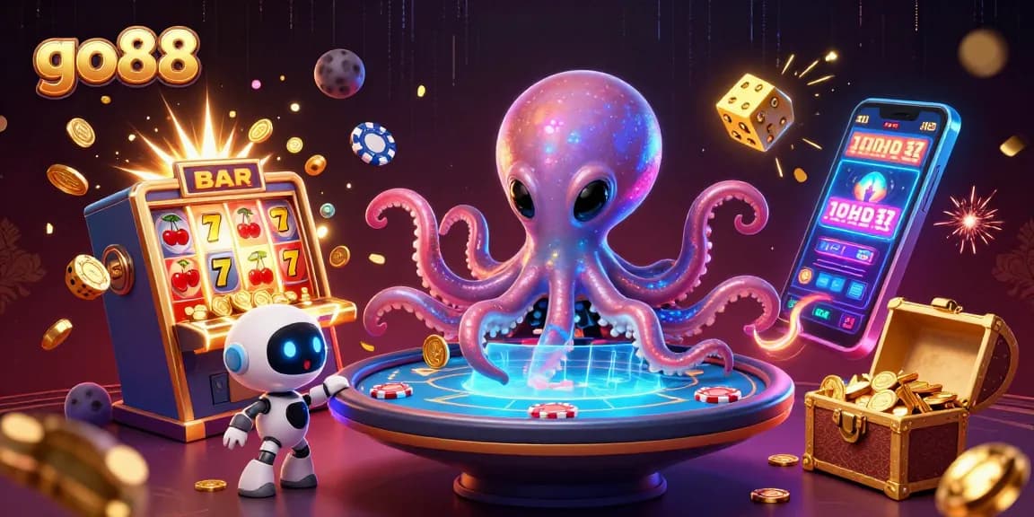 Experience thrilling gambling with go88's vibrant alien octopus engaging at a holographic poker table.